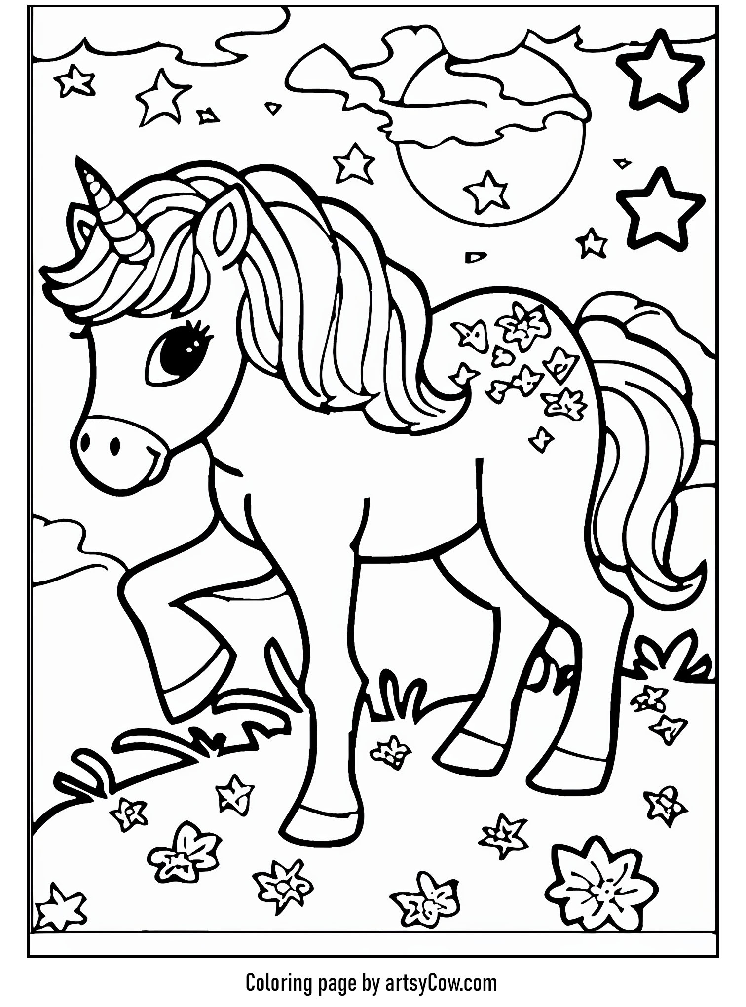 a unicorn with a flowing mane among flowers